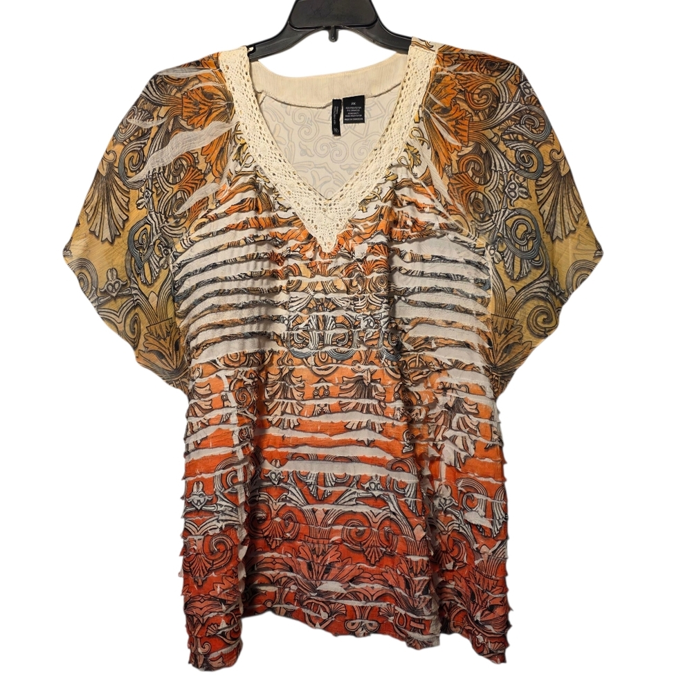 New Directions Top Women's XXL 2XL Crochet V-Neck Layered Flutter Sleeve Tunic